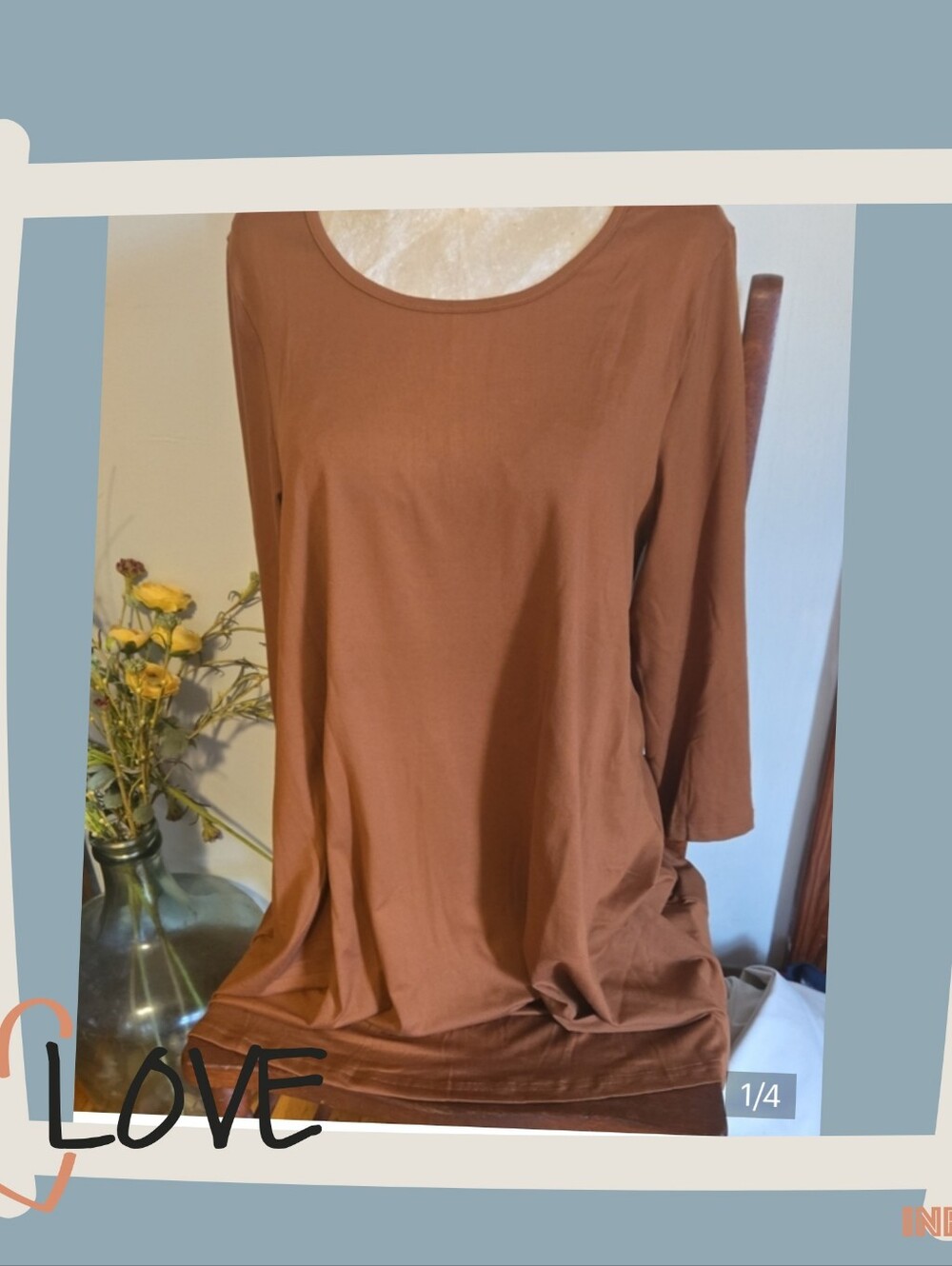 Nwt Women's Long Sleeve Scoop Neck Tunic Top in Warm Brown Size Medium